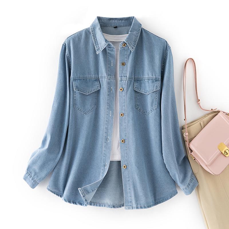 Denim Shirt Women's Spring and Autumn Soft Retro Stacked Wear Casual Loose Lapel Pocket Long Sleeve Jacket Women Women Classic Lapel Chest Pocket