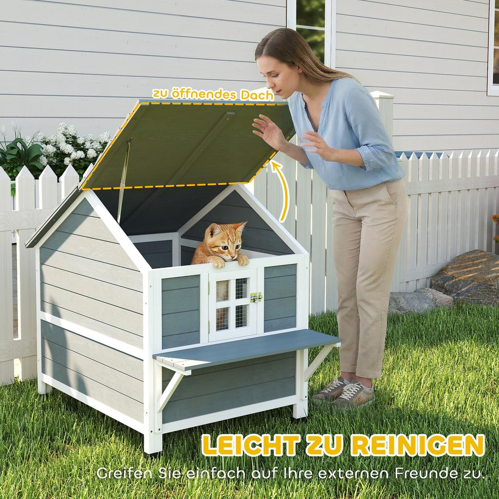 Wooden Cat House 2 Story Cat Cave With Waterproof Flip Up Roof Side Platform 101x72 5x81cm Gray