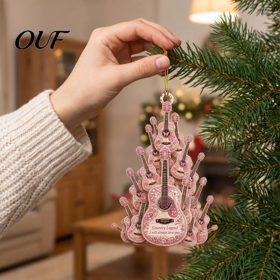 Western Cowboy Tree Decoration Guitar Hanging Ornament, 2D Flat Acrylic Pendant, or Country Music Theme, Small Gift for Musicians Hat Boots Christmas