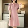 2025 Women's Summer Polo Collar Slimming Mid-Length Color Block Dress with Big Swing Cotton Skirt