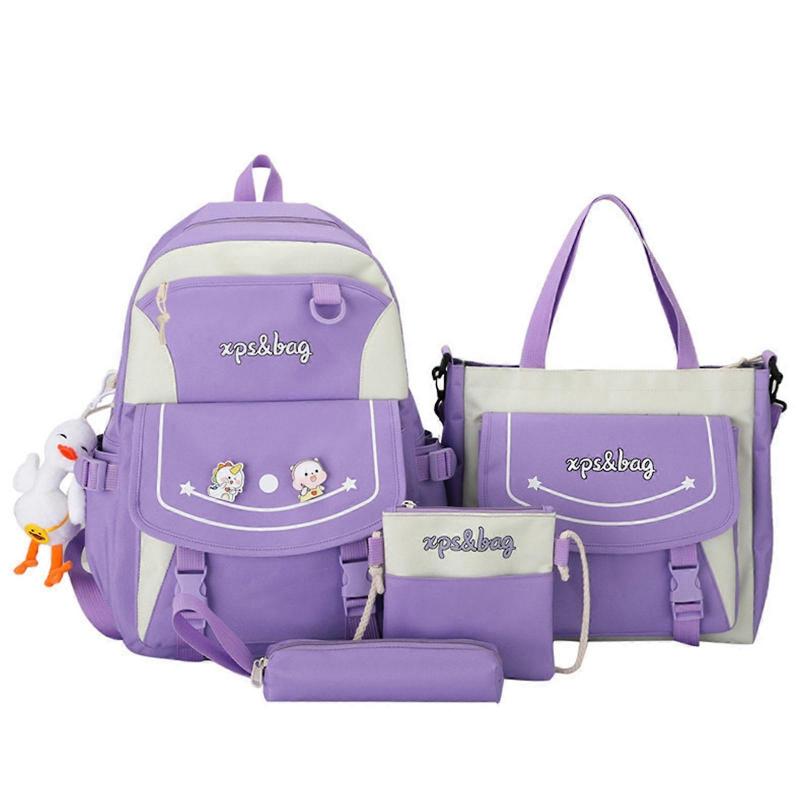 4pcs Cartoon Nylon School Backpack Shoulder Bags Travel Daypacks Bookbag Pencil for Case Purple