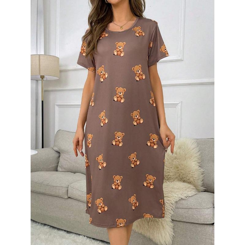 Большой размер, круглый вырез, короткий рукав, синий цвет с цветами абрикоса, домашняя одежда, ночная рубашка, платье, повседневный стиль, женская одежда с принтом