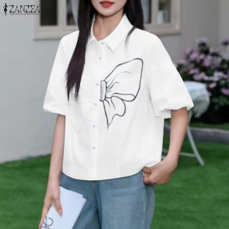 ZANZEA Women Turn Down Collar Summer Casual Short Sleeve Blouse