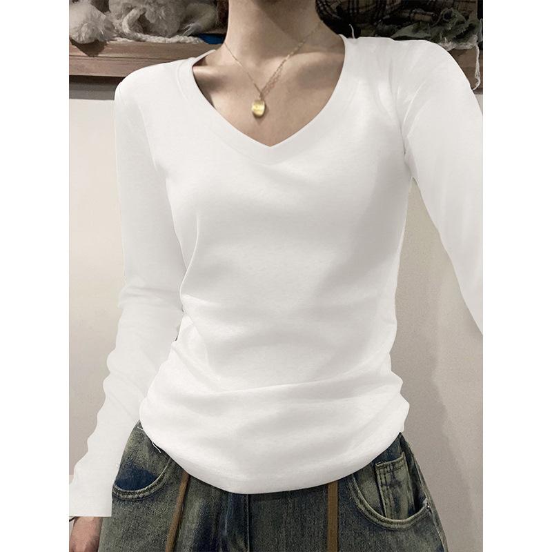 Осень Зима Однотонный Повседневный Модный простой Универсальный Базовый Топ Женская Футболка с Длинным Рукавом Пуловер