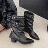 Fashion 2025 New Metal Belt Buckle Block Heel Single Boots Women's Fashion Pointed Toe Sleeve Pleated Mid-Cylinder Stack Boots