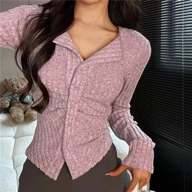 Knitted Cardigan Women Collar Sweater Coat Vintage Long Sleeve Single Breasted Top Autumn Fashion Girls Knitwear Jumper