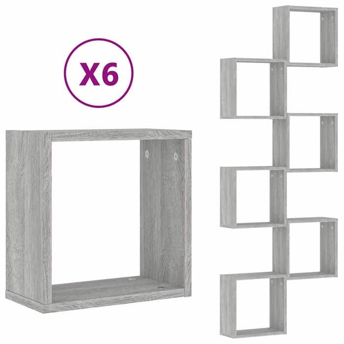 VidaXL Wall Cube Shelves 6 Pcs Sonoma Grey 30x15x30 Cm, Cube-shaped Storage, Cube-shaped Organizer, 815884
