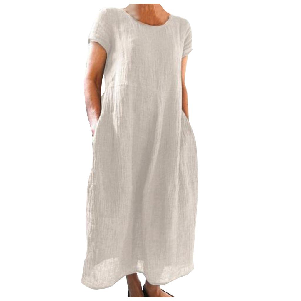 O Neck Sleeveless Loose Cotton Linen Pocket Long Dress Solid Color Women