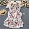 French Floral Vintage Elegant High Waist Slim A-line Dress Spring Square Neck Lantern Sleeve Party Vacation Long Dresses