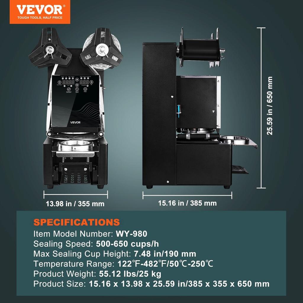 Fully Automatic Cup Sealing Machine, 500-650 Cups/H, Cup Sealer Machine for 190 mm Tall & 90/95 mm Cup, Electric Boba Tea Sealer with Digital Control