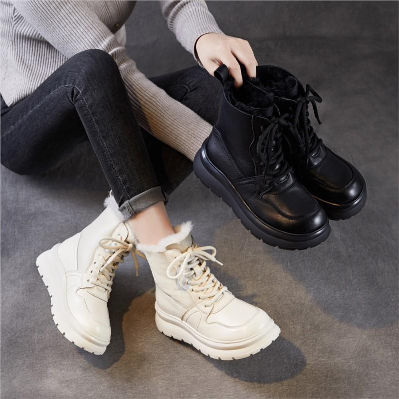 Johnature Женская обувь из натуральной кожи, повседневная, на толстой подошве и с плюшевой теплой шерстяной подкладкой, короткие ботинки на шнуровке