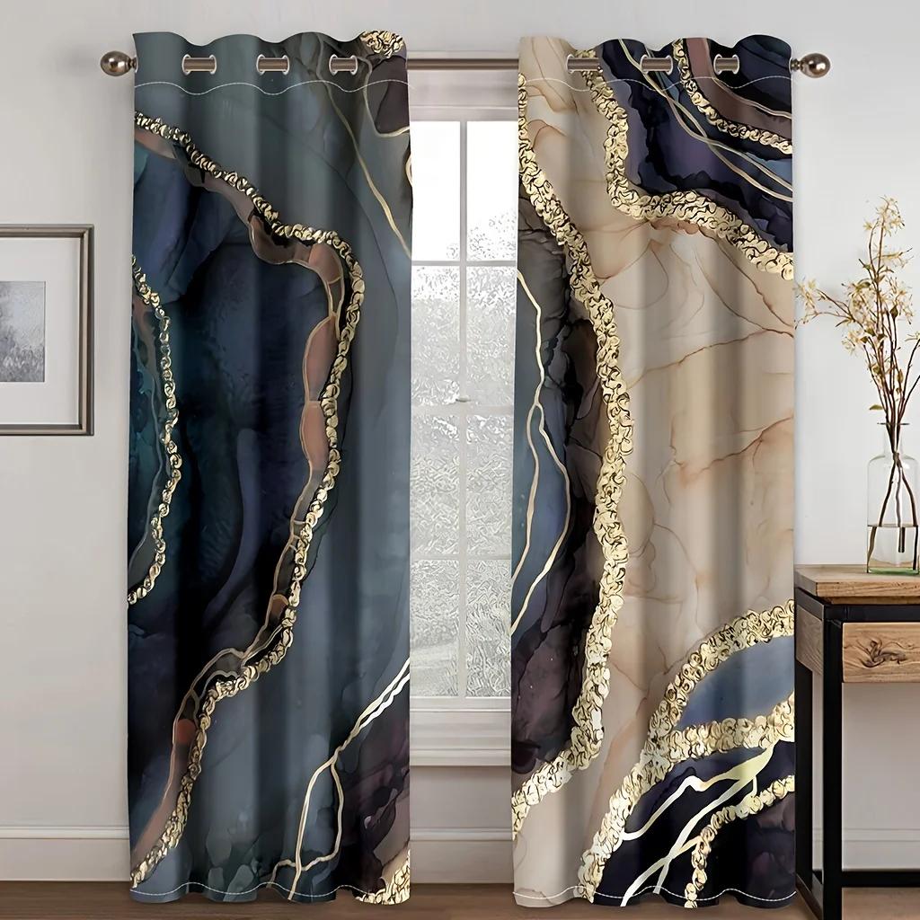 3D Modern Black Gold Abstract Art Marble Elegant Design 2 Pieces Thin Shading Window Drape Curtain for Living Room Bedroom Decor