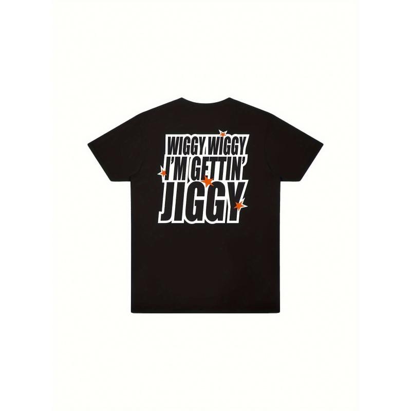 Men's Anime Graphic T-Shirt - Funny "Wiggy Wiggy I'm Gettin' Jiggy" Print T-Shirt - Black T-Shirt with Orange Text - Casual Crew Neck Concert Item