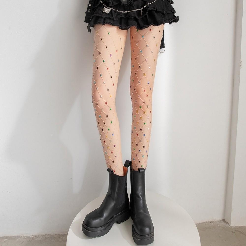 Y2K Rhinestone Star Pantyhose Large Mesh See-through Tights Colorful Fishnet Stockings Club Party