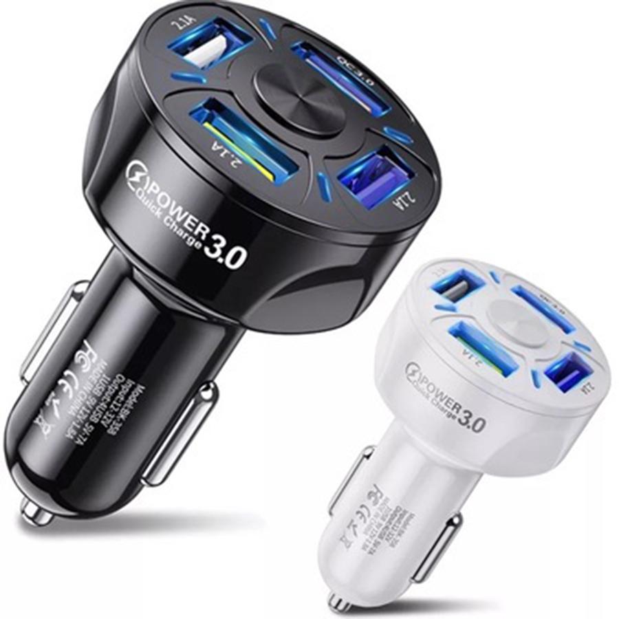 4 Ports USB Car Charger Adapter LED Display QC 3.0 Fast Charging for IOS Android Black