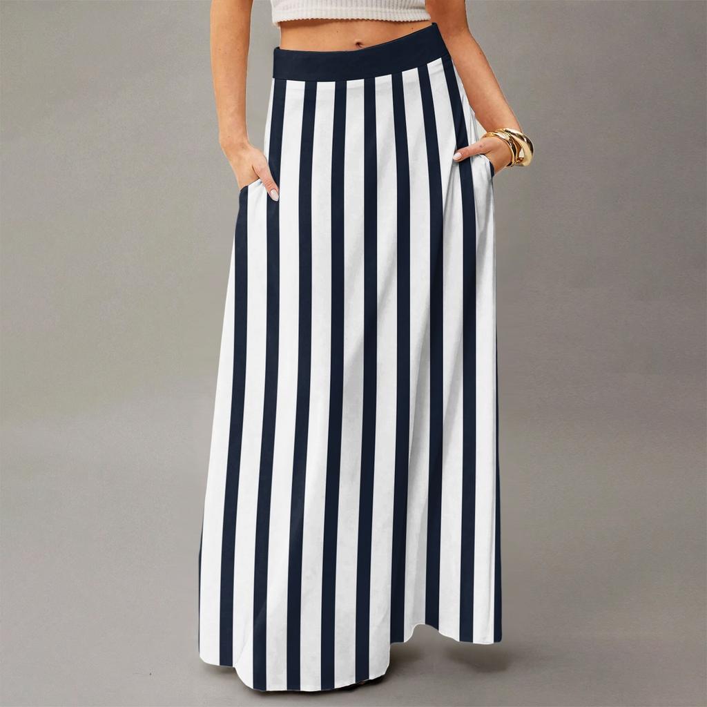 Женская повседневная складная юбка макси с высокой талией, драпированная, свободного кроя, с карманом, в полоску, в клетку