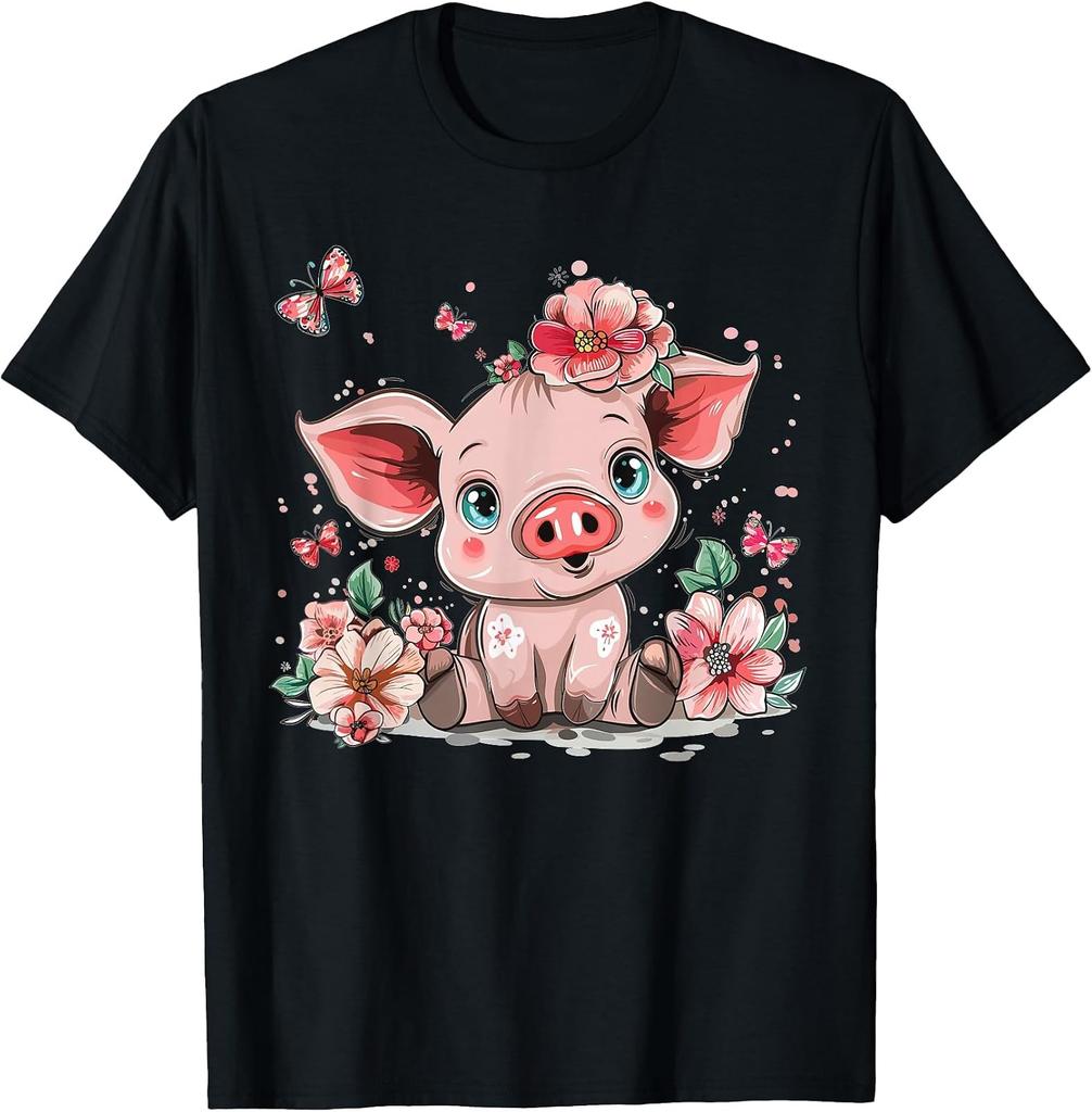 Cute Pig with Flowers I Kids Pig T-Shirt
