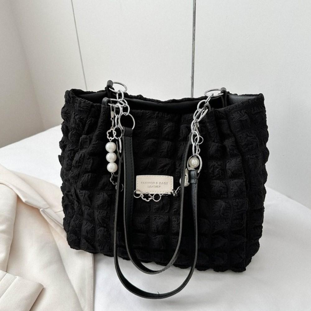 Beaded Pleated Tote Bag Korean Style Large Capacity Plaid Handbag Solid Color Dumplings Bag Bubble Cloud Bag Office Worker