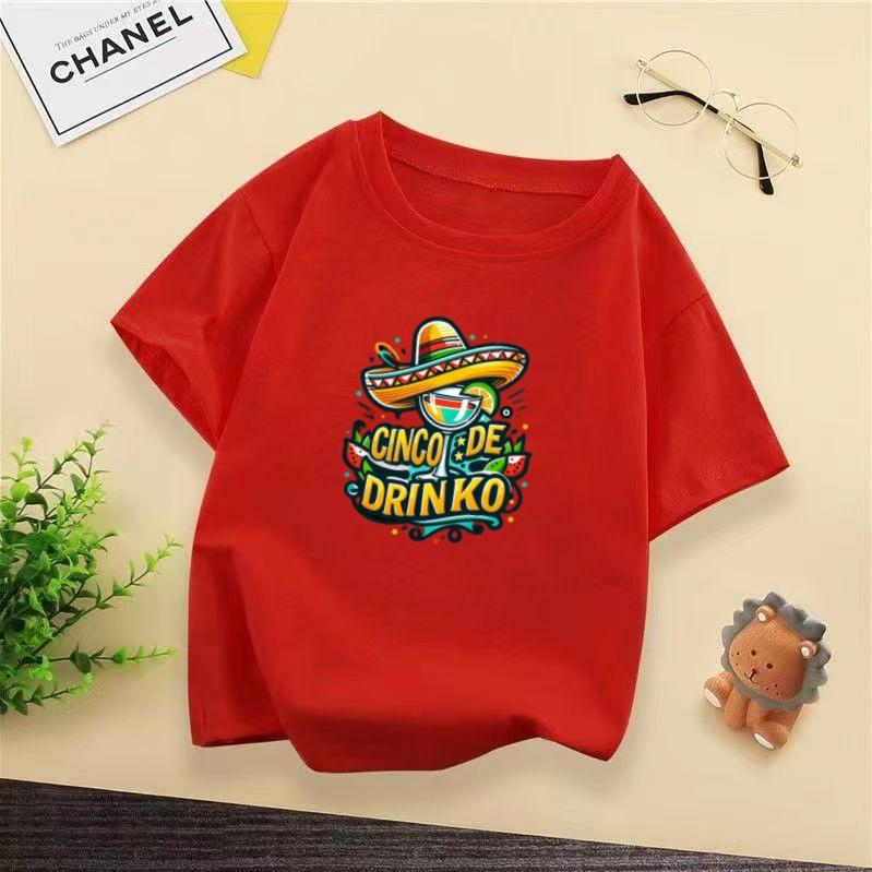 Versatile Basic Childrens Summer Short Sleeved Retro Mexican Holiday Style Printed Daily Party Outfit Tshirt