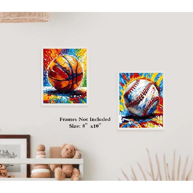 Basketball Graffiti Canvas Wall Art Prints,Graffiti Wall Art Sports Print Wall Decor Set of 3,Retro Colorful Baseball,Soccer,Basketball Print for Boy