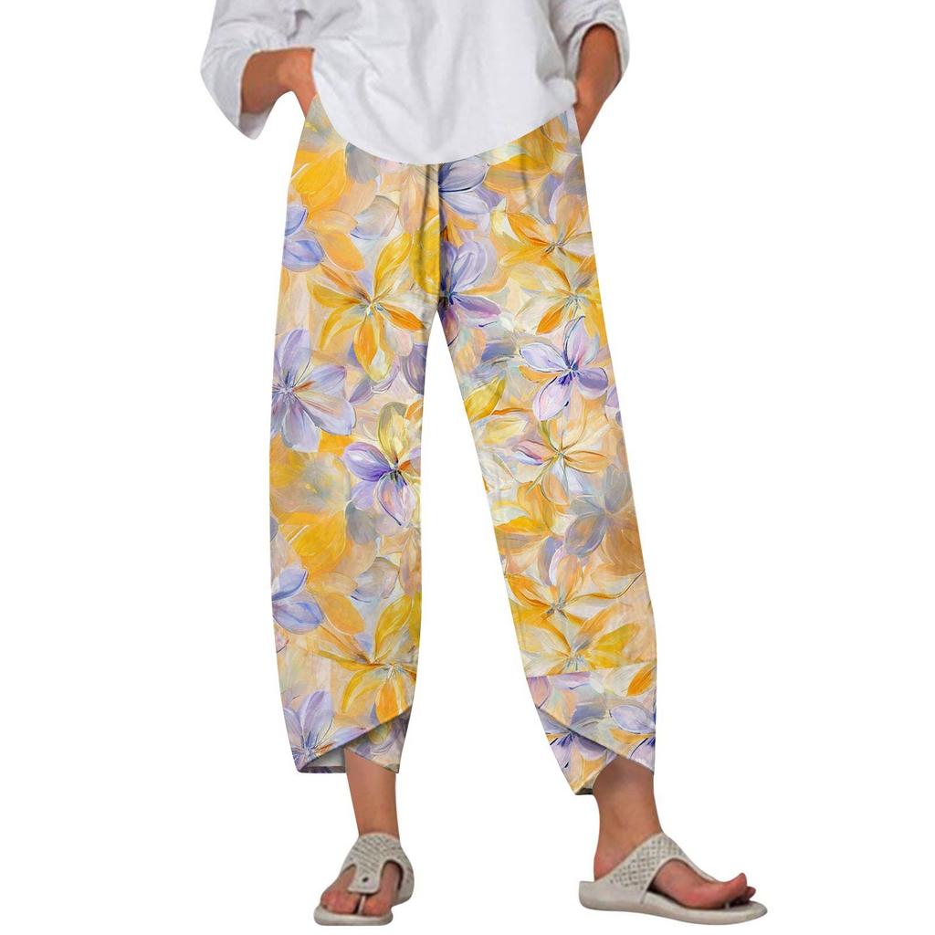 Брюки женские летние повседневные широкие брюки с эластичной резинкой на талии и принтом с карманами
