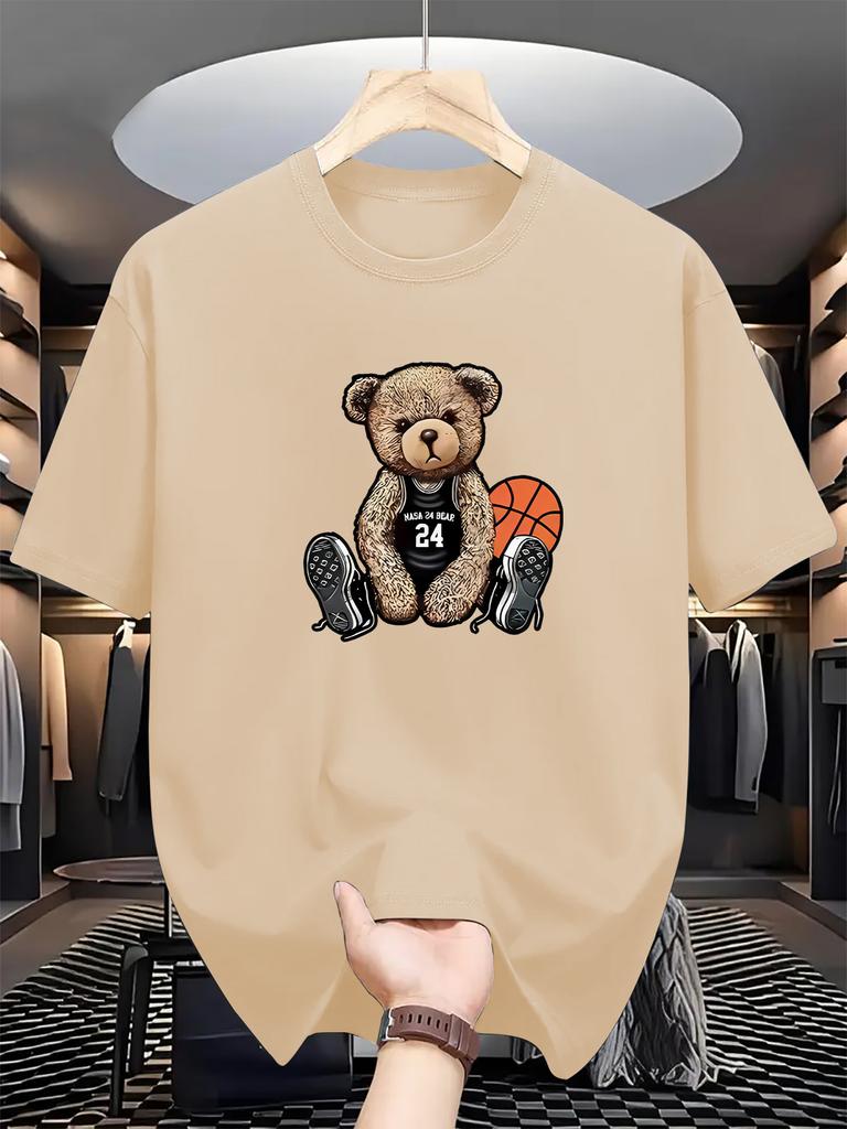 Мужская женская повседневная футболка с круглым вырезом и принтом баскетбола и медведя, слегка тянущаяся, летний модный топ, стандартной посадки