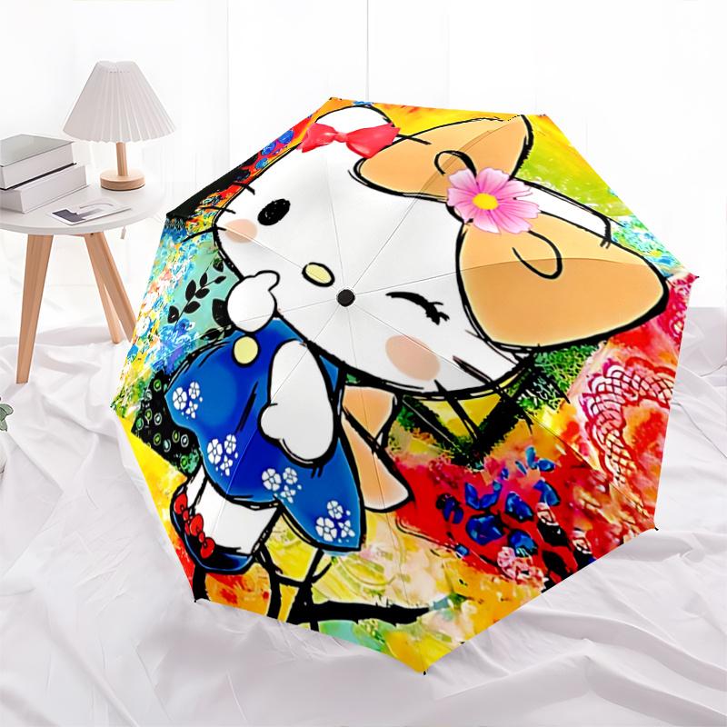 1pc Hello Kitty Automatic Opening/Closing Umbrella with Floral Print - Portable Three-Fold Design, 8-Bone Iron Frame Outdoor Umbrella for Festivals, T