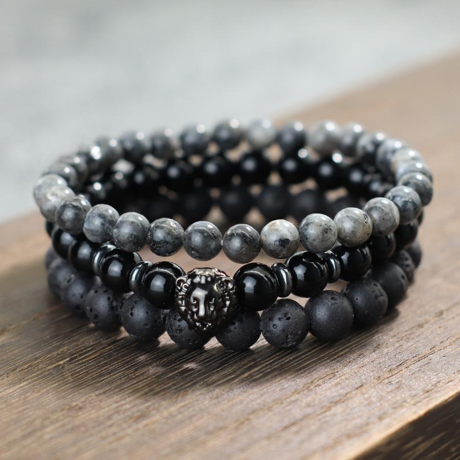 3 шт. бусины, нанизанные на бусины Будды, браслет для мужчин и женщин, крутые аксессуары в виде головы льва, черные блестящие бисерные украшения для рук из лавового камня для мужчин