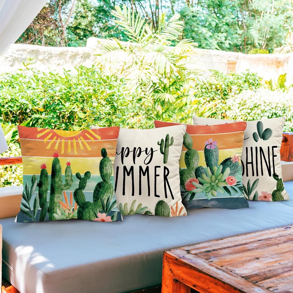 Cactus Pillow Covers Holiday Throw Pillows, Bohemia Hello Sunshine Decorative Farmhouse Cushion Case For Sofa Couch Set Of 4