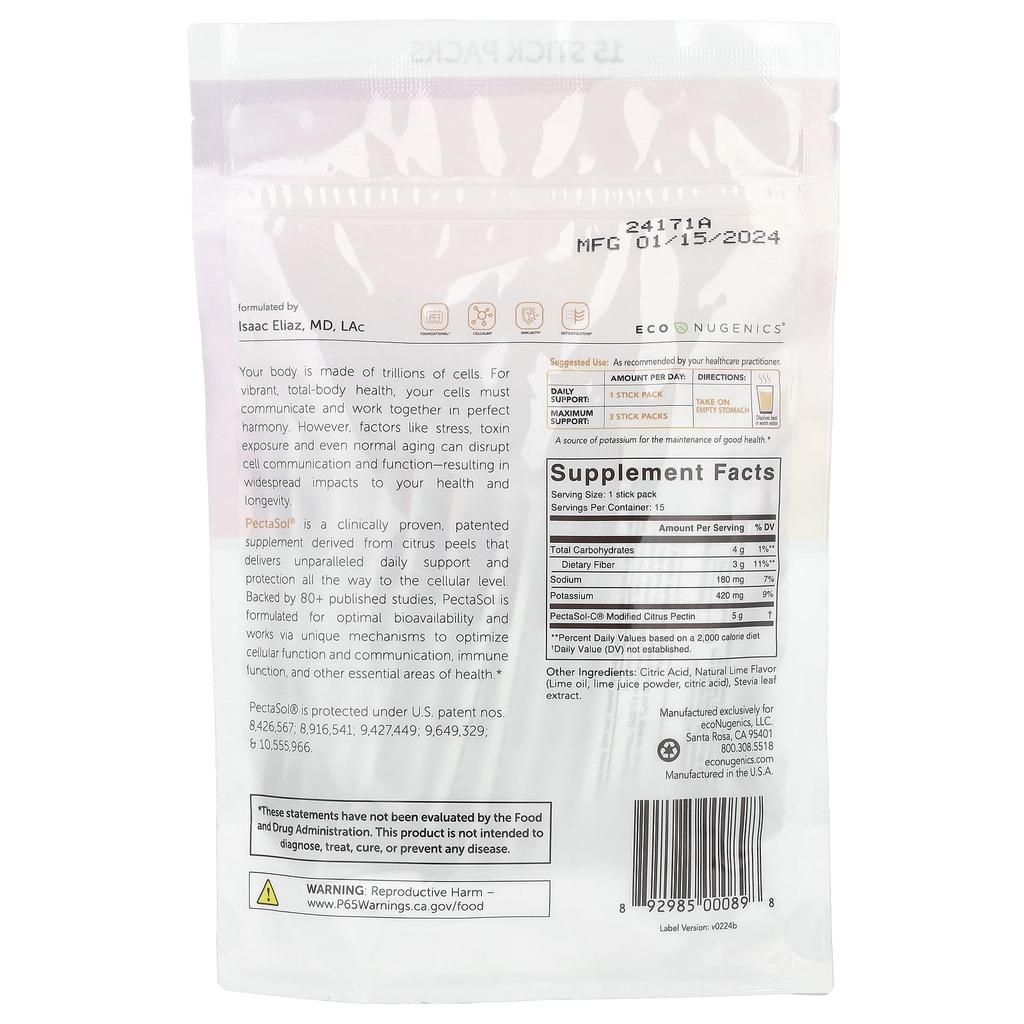 Econugenics, Pectasol®, Modified Citrus Pectin, 15 Stick Packs, 0.22 oz (6.1 g) Each