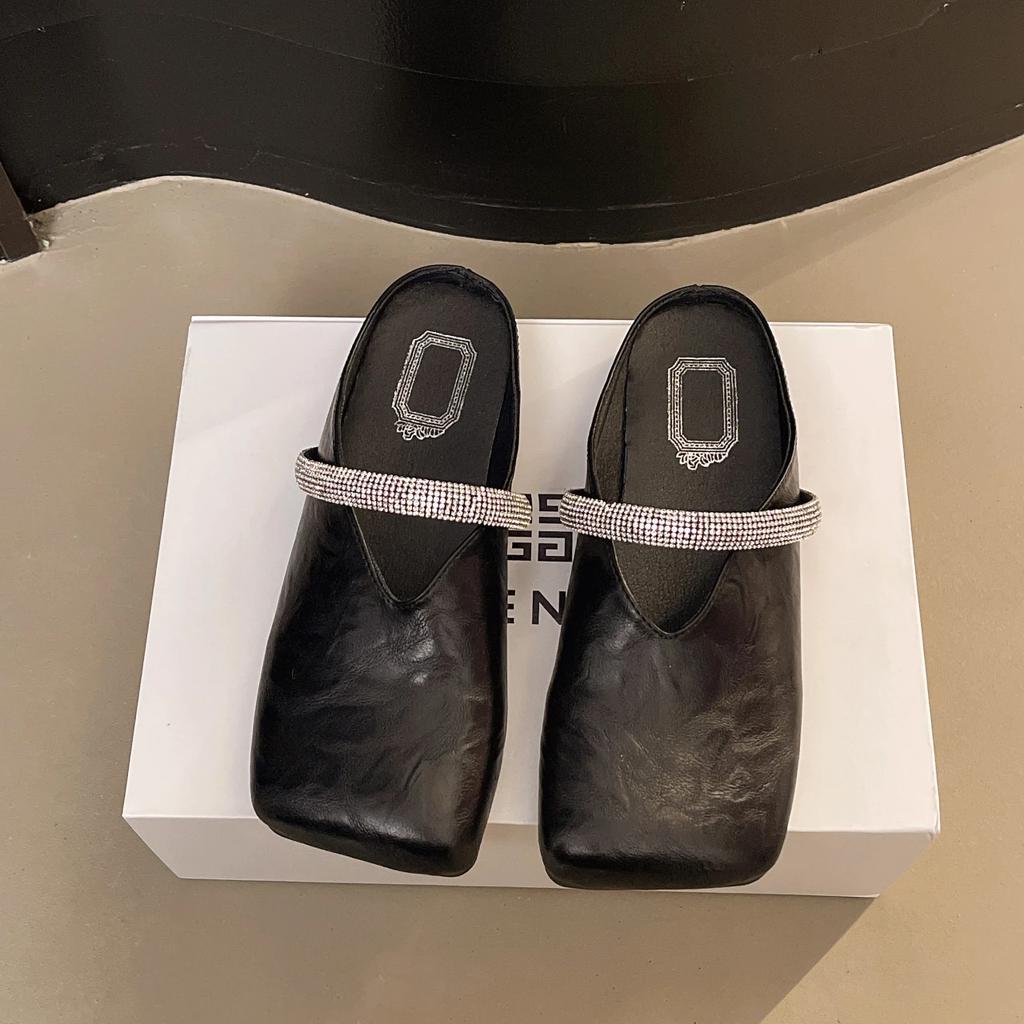 Fashion Bowknot Pearl Flat Bottom Baotou Half Slippers Women New Summer Shallow Mouth Mary Jane Single Shoes Casual Slides