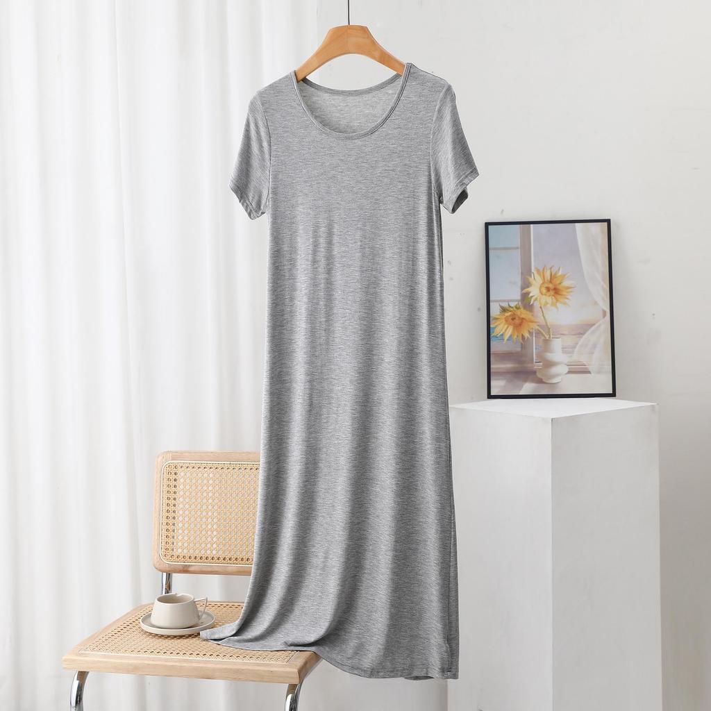 Women's Summer Solid Color Loose Slimming Modal Mid-Length Dress with Round Neck and Short Sleeves