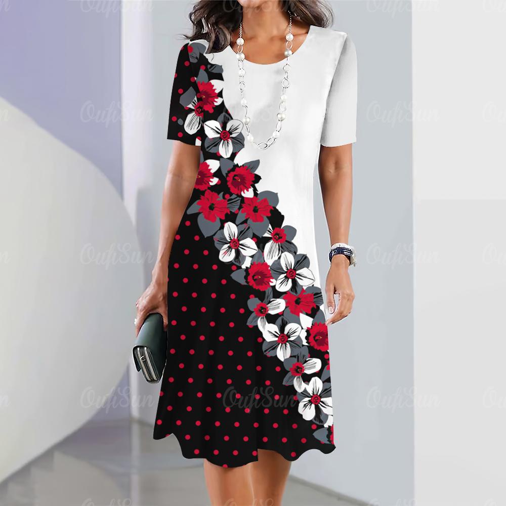 New Vintage Women's Dresses Floral Patchwork Printed Elegant Casual Short Sleeve Dress Y2k Loose Oversized Fashion Dress 2023