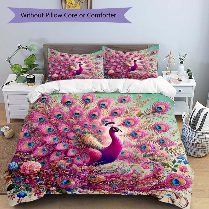 3pcs Pink Peacock with Open Tail Printed Quilt Set - Soft and Comfortable Quilt Cover for Bedroom, Guest Room and Dormitory