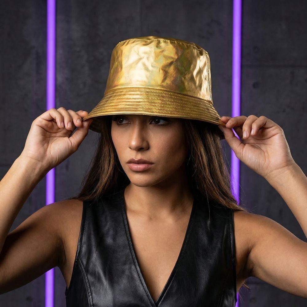 Leather Luminous Bucket Hat Wide Brim Shiny Sun Cap Unisex Laser Rainbow Fisherman Hat  Sunshade
