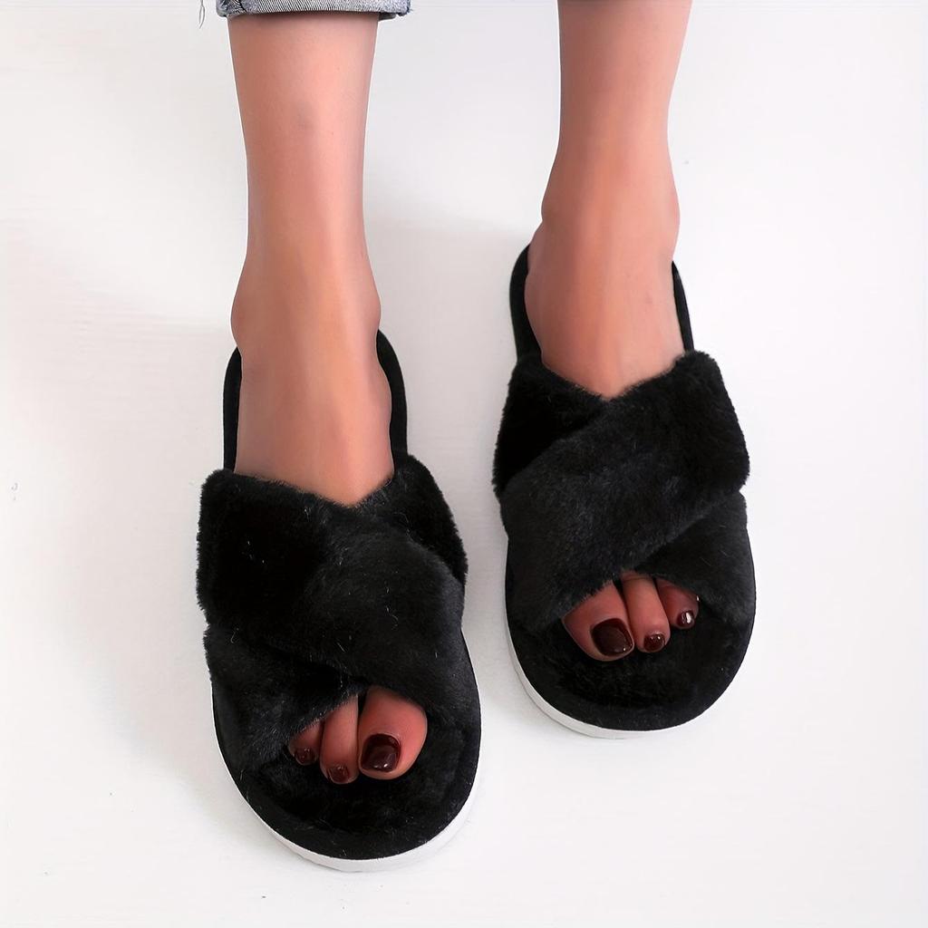 Women's Cross-Strap Fluffy Open-Toe Slippers - Cotton Plush Comfy, Top-Selling Styles