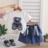 Girls Summer Cartoon Bear Print Denim Pants and Short Sleeve Two Piece Set