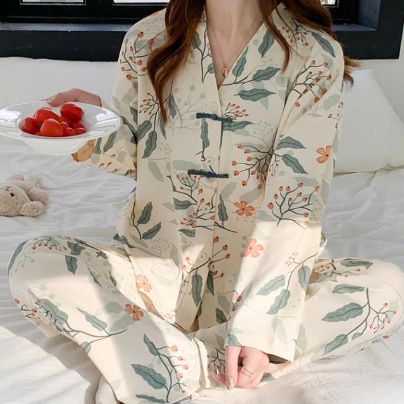 Осень-зима, новая женская домашняя одежда из чистого хлопка, кардиган с V-образным вырезом, комплект из двух предметов, роскошная женская пижама с длинным рукавом