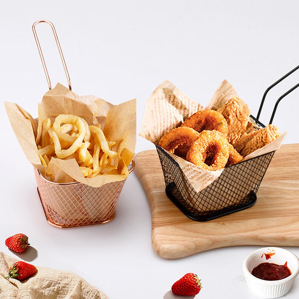 Mini Size Square Fry Basket Metal French Fries Chips Holder with Handle Desk Food Presentation Mesh Basket Food Prep Area Accessories Tools