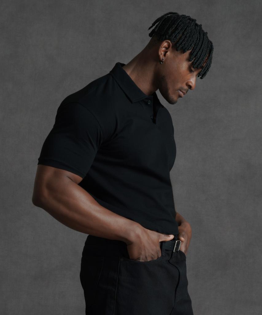 PHERMENON Muscle Fit Lettering Plain Collared T-Shirt - Black