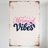 Vintage Style Mermaid Vibes Metal Tin Sign, Rustic Pink Navy Blue Playful Cursive Text with Stars & Feather, Whimsical Retro Wal