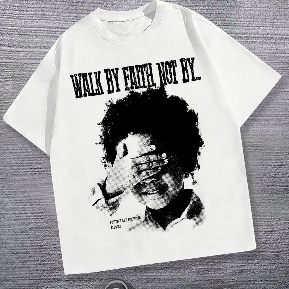 Walk By Faith Faith Tshirt Casual Short Sleeve Round Neck Tee With Covering Face Portrait Slogan Top For Church