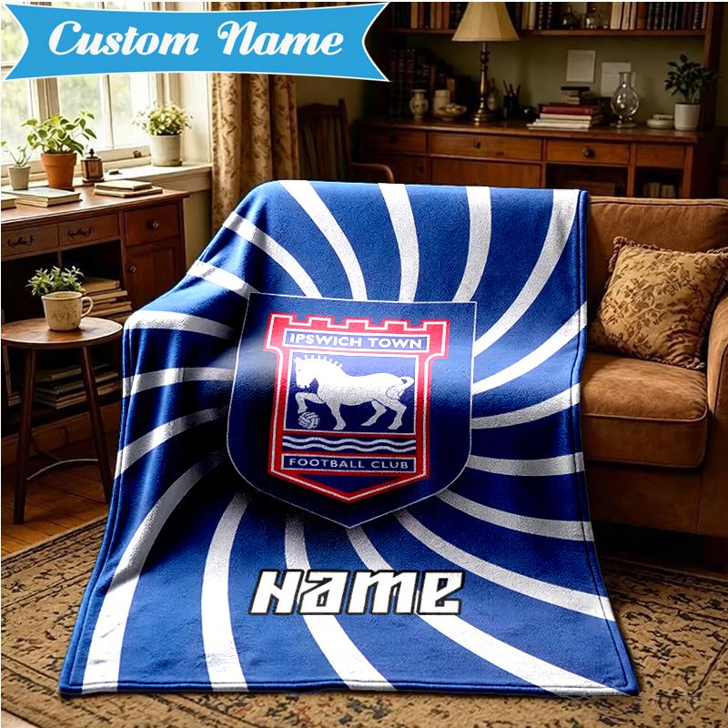 Custom Name Ipswich Football Crest Blanket Lightweight Ideal Bedding Blanket Perfect for Travel, Camping, Living Rooms, Sofas, Christmas gift