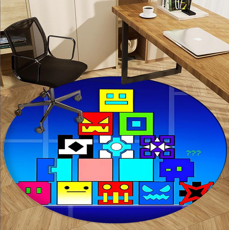 Geometry Dash Pattern Round Rug, Indoor/Outdoor Mat, for Picnic, Gameroom, Bedroom, Office, Living Room, Home Decor Carpet, Birthday Gift