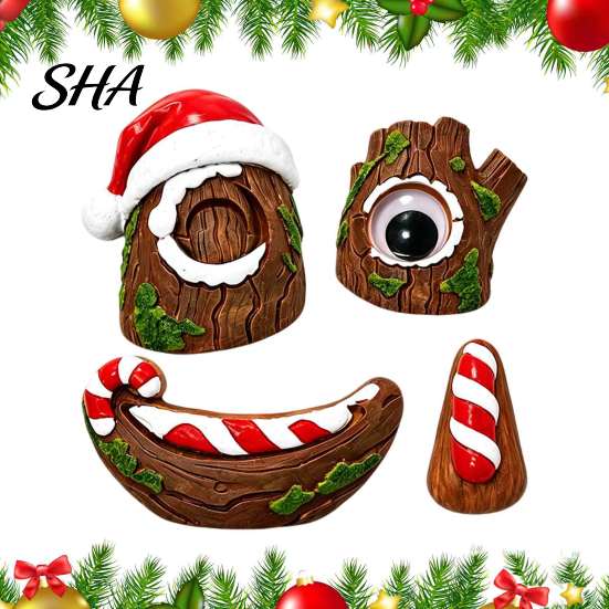 Resin Tree Peeker for Garden 5 Pcs/Set Outdoor Face Decor, Christmas Art with Holiday Yard Atmosphere Decor Santa Hat, Funny Eyes Nose Mouth Set Patio