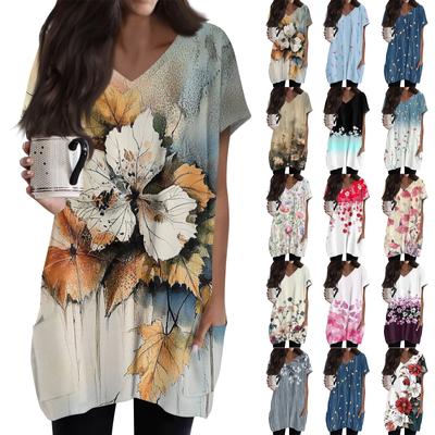 Женские топы с V-образным вырезом, блузки с коротким рукавом, повседневные рубашки средней длины, модные туники с принтом и карманами