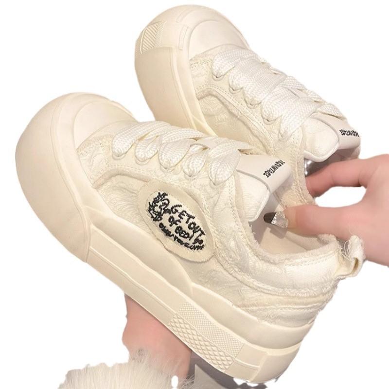 Маленькие белые туфли для женщин на осень и зиму 2024 года, новые уродливые милые туфли с большой головой и круглым носком на толстой подошве, универсальные низкие парусиновые туфли