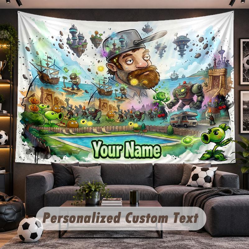 Wall Hanging Tapestry Custom NamePlants vs. Zombie Pattern Personalized Printed Fabric Wall Decor