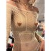 Kkx Millennium Sexy Style Cut Out Mesh Rhinestone Long Sleeves Jumpsuit Street Sexy Silm Slimming Bottoming Top