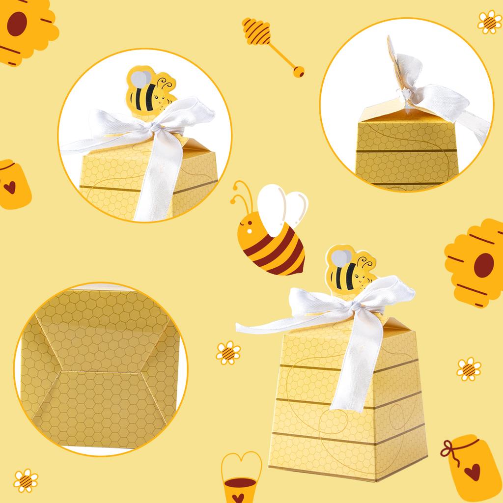 10/20pcs Paper Bee Favors Candy Boxes Gifts Box with White Ribbons for Kid Bee Birthday Party Baby Shower Wedding Party Supplies